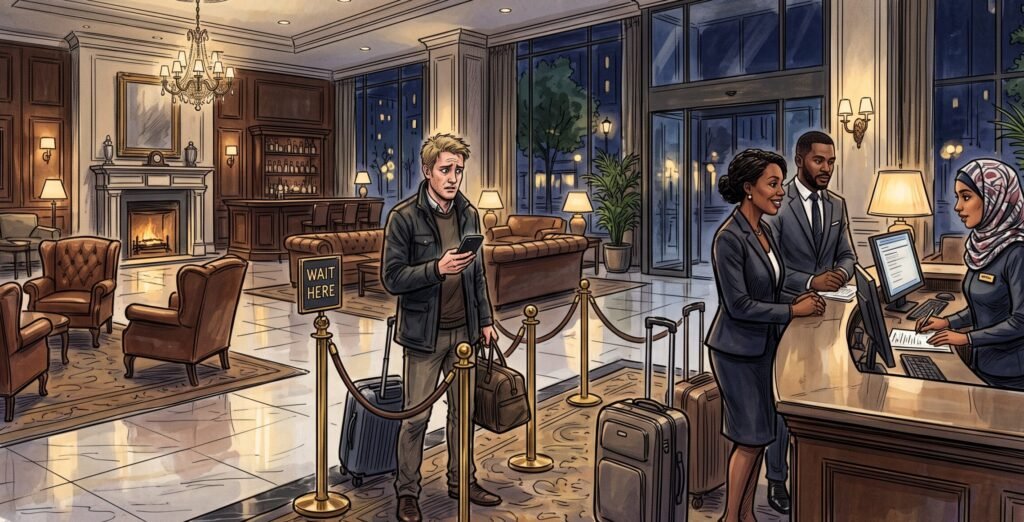 Een hotelgast wacht bezorgd bij een drukke receptie in een luxe lobby. Dit beeld illustreert hoe een VENDEMI non-food automaat met essentials de nachtelijke druk op de werknemers van een hotel kan ontlasten.