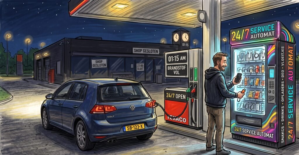 Illustratie van een bestuurder die om 01:15 uur bij een gesloten tankstation essentiële spullen koopt bij een VENDEMI service-automaat op het voorterrein.