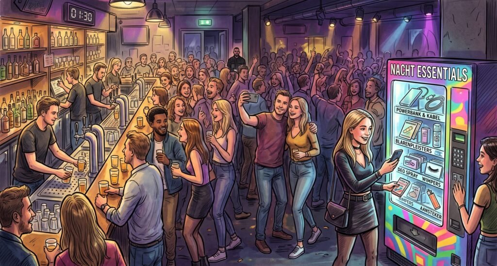Een bruisende club om 01:30 uur waar feestgangers nachtelijke essentials zoals powerbanks, wimpers en blarenpleisters halen uit een gestylede VENDEMI automaat.