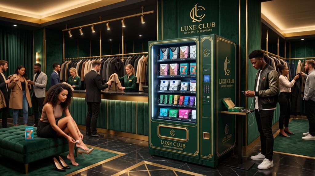 Een gestylede VENDEMI automaat bij de garderobe van een luxe club, waar bezoekers blarenpleisters plakken en telefoons opladen tijdens het uitgaan.