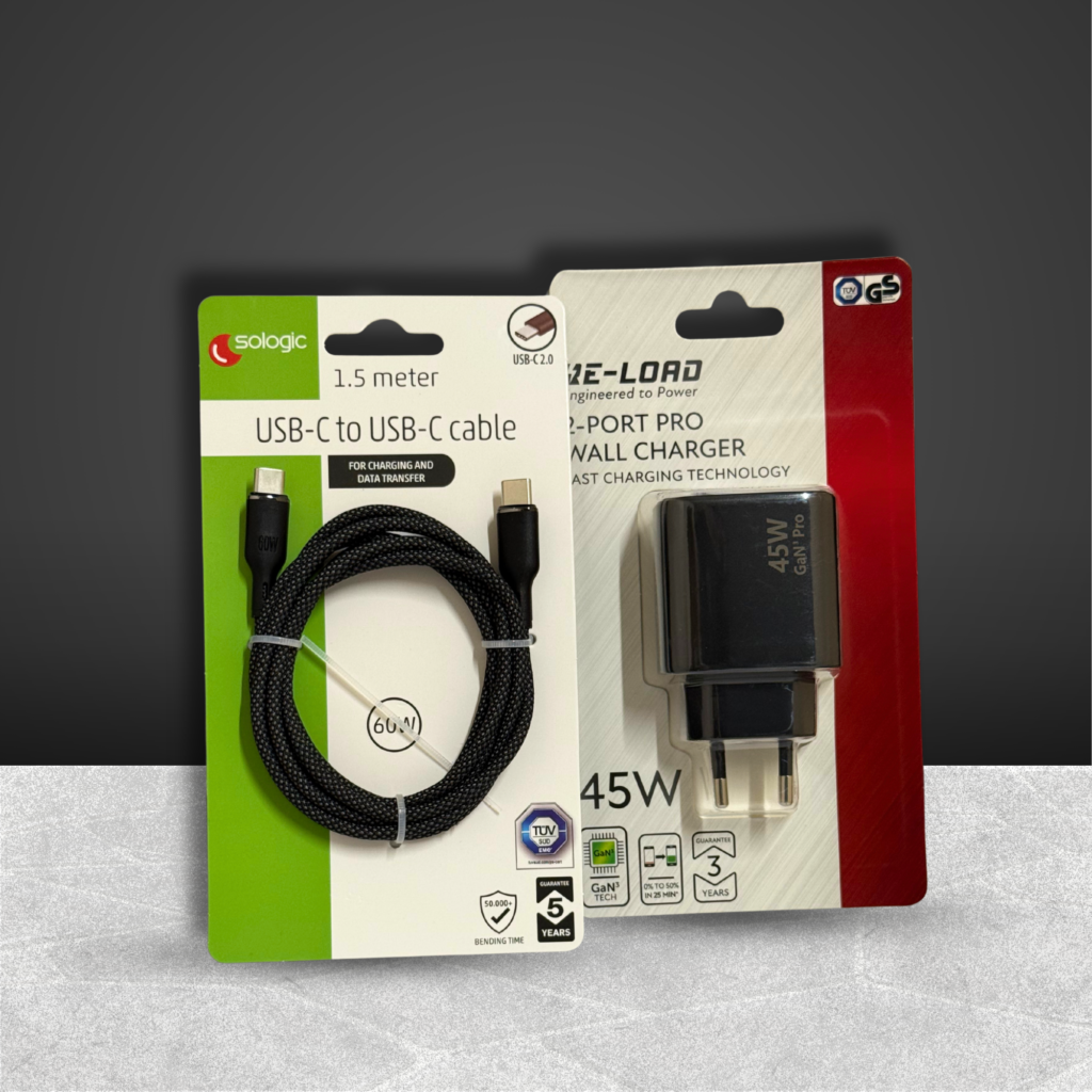 USB-C oplaadkabel en adapter voor hotelgasten beschikbaar in de VENDEMI hotelautomaat.