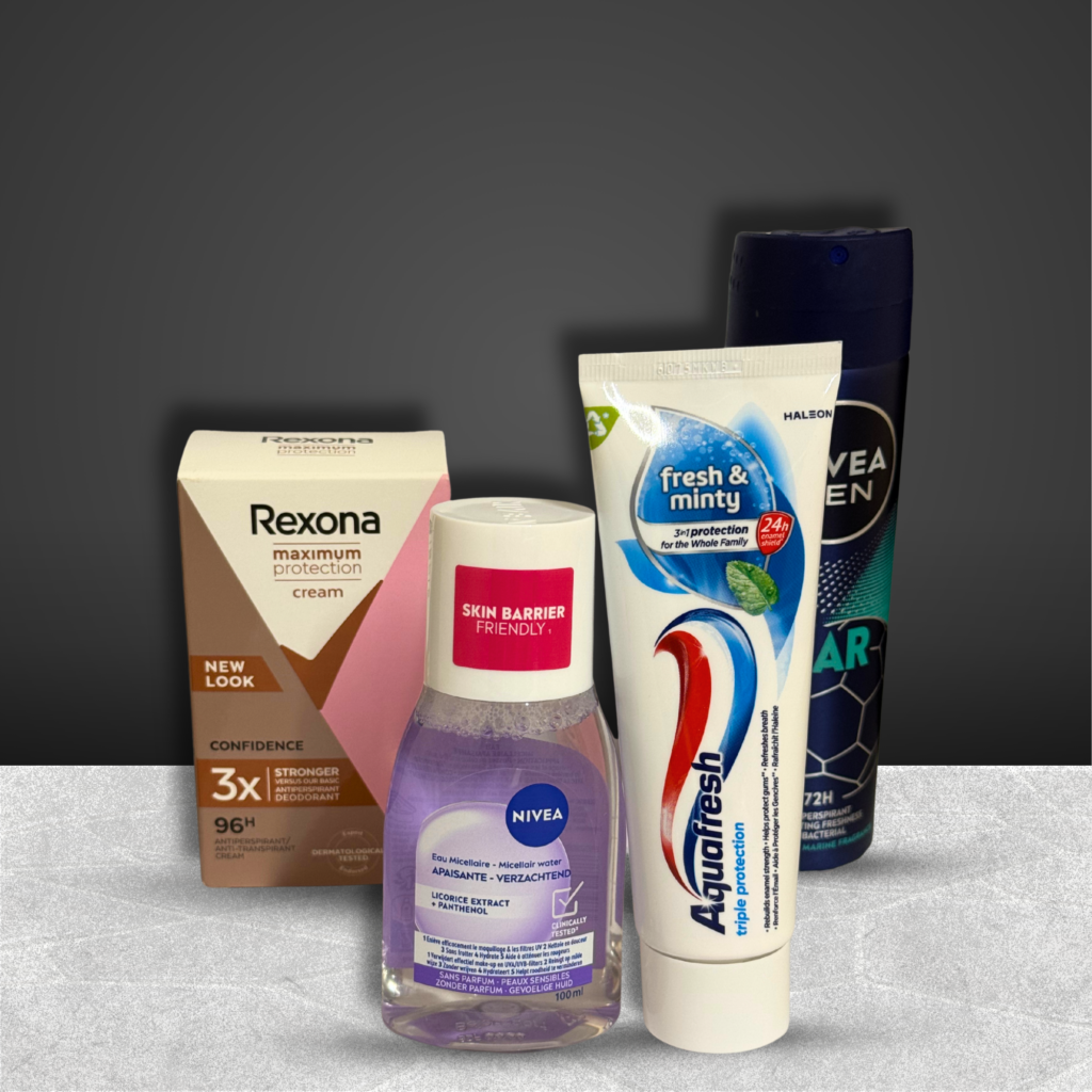 Bekende A-merk verzorgingsproducten zoals Rexona deodorant, Nivea micellair water en Aquafresh tandpasta voor in de VENDEMI hotelautomaat.