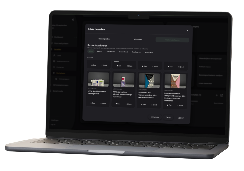 Het VENDEMI online intake dashboard waar locatie-eigenaren eenvoudig hun favoriete producten selecteren of blokkeren voor in de automaat.