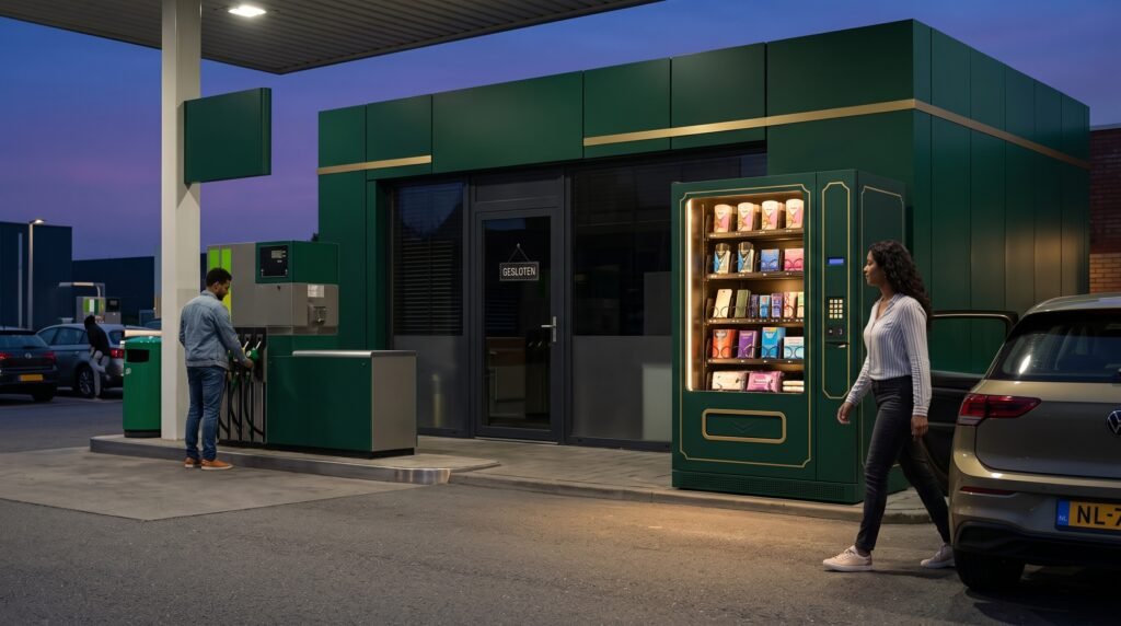 Een groene outdoor VENDEMI automaat op het voorterrein van een tankstation met gesloten shop, waar klanten 24/7 essentials en opladers halen zonder inzet van werknemers.